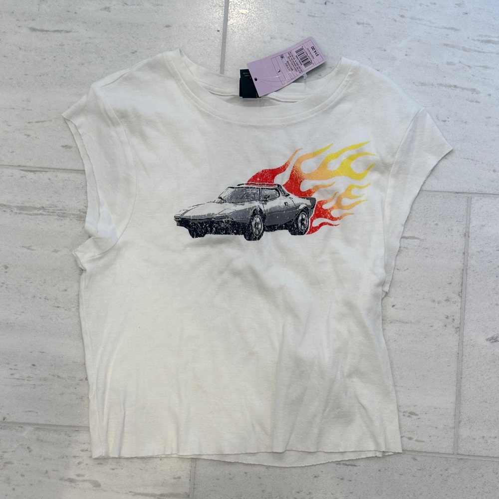 Wild Fable White Tee with Car and Flame Graphic